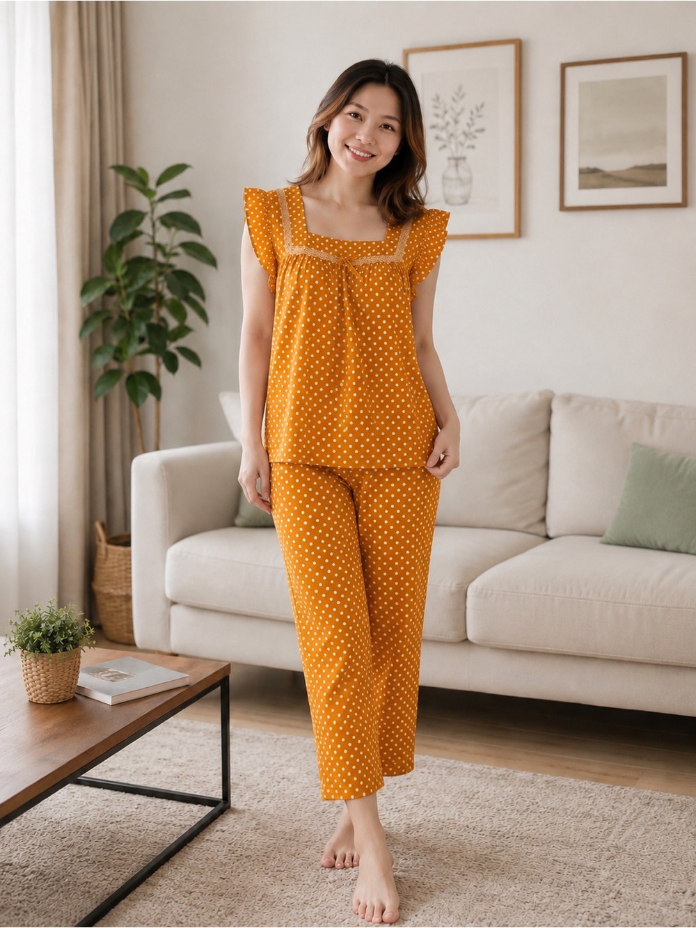 Women's Polka Dot Mustard Pajama Set with Flutter Sleeves